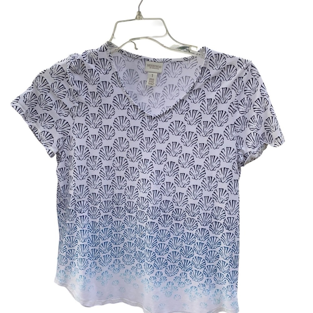 Weekends by Chico shell pattern Coastal white & Blue Women's Top / tee size M - Picture 4 of 8